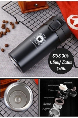 12 Saate Kadar Sıcak Soğuk Tutma Filtreli Çift Katmanlı 2 Adet Siyah Beyaz İnox Mug Termos 380ml Siyah - Beyaz