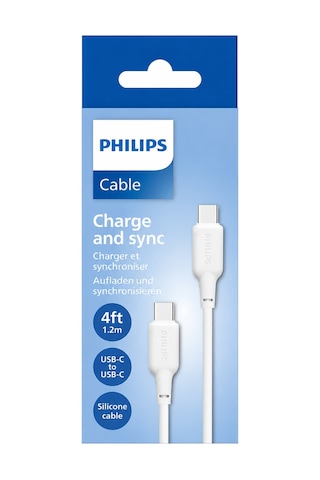 Philips DLC6541CW/00 USB-C – USB-C Hızlı Şarj Kablosu, 60W PD, 1.2 Metre, Silikon Kaplama, Beyaz