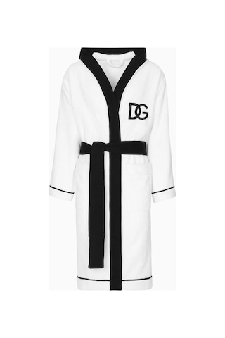 Dolce & Gabbana Casa Unisex Logo Işlemeli Kapüşonlu Bornoz, Pamuklu, Yumuşak Beyaz