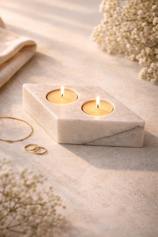 Doğal Mermer Mumluk Baklava Form 2 Li Tealight Dekoratif Lüks