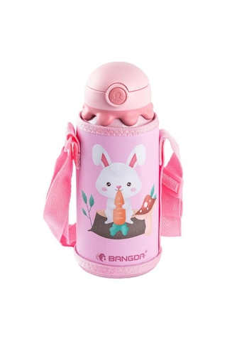 Bangda Pembe Paslanmaz Çelik Tavşan Desenli Çantalı Çocuk Termosu 600ml