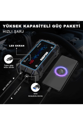 Avapow A9 29.6WH/8000MAH 1500A Jump Starter Taşınabilir Akü Takviye Kiti (Powerbank + LCD + LED Işık)