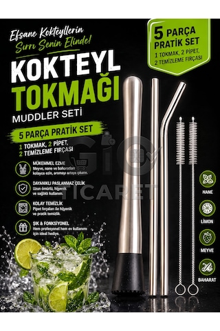 Paslanmaz Çelik Kokteyl Tokmağı Muddler Seti 5 Parça 1 Muddler, 2 Metal Pipet, 2 Temizleme Fırçası Mojito, Kokteyl, Bar Ve Kahve Ezici Krom
