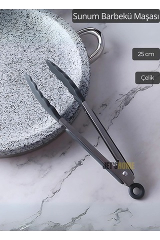 Sunum Maşası Barbekü Maşası Mangal Maşa Silikon Salata Maşası Gri 25 Cm