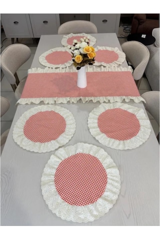 7 Parça Fisto Fırfırlı Set 6 Adet Amerikan Servisi Supla + 1 Adet Fırfırlı Runner Pembe
