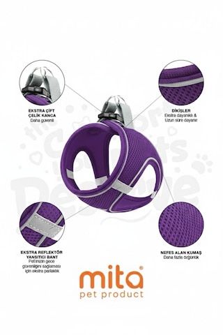 Mita Air Mesh 2'lı Bundle Set Kedı Köpek Göğüs Tasması + Köpek Gezdirme Tasması/kayışı Mor L Mor