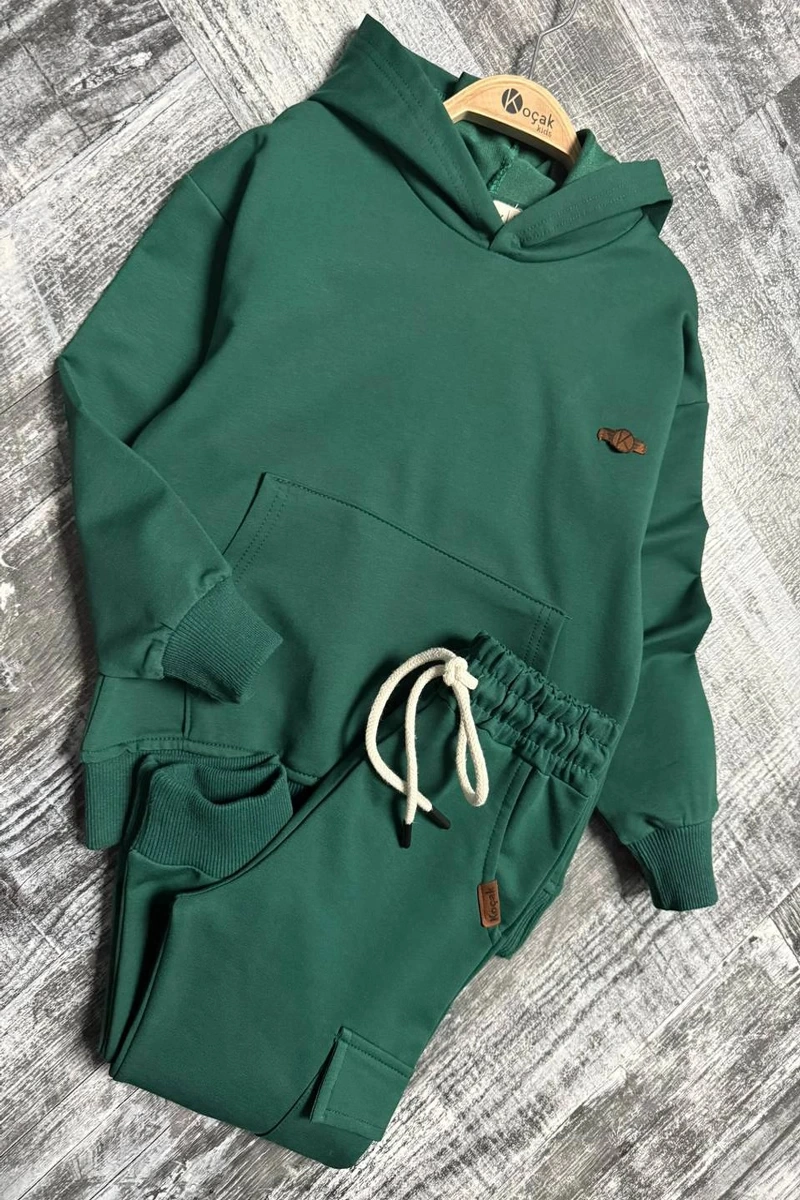 Kapüşonlu Ve Kanguru Cepli Yeşil Renk Erkek Çocuk Eşofman Takım Yeşil