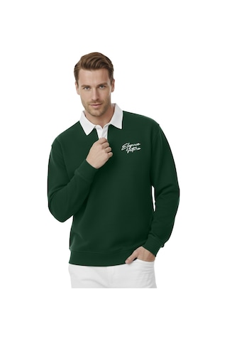 Deepsea Erkek Yeşil Relax Fit İçi Polarlı Polo Yaka Sweatshirt Pamuklu Kalın Sweatshirt 2600762 Yeşil