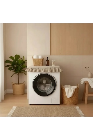 Fırfırlı Çamaşır Makinesi Örtüsü - Çeyizlik Dekoratif Banyo Makine Kılıfı- Bej