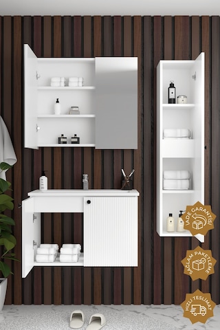 Teta Home Torino 80 Cm Mdf Gövde Membran Kapak Banyo Dolabı Seti + Boy Dolabı Beyaz