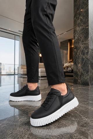 Mevese Dlob Erkek Bağcıklı Cilt Günlük Casual Spor Sneaker Ayakkabı - Siyah Beyaz