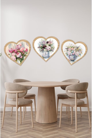Kalp Şeklinde Çiçek Desenli 3'lü Ahşap Tablo Seti Kt3002 31 X 36