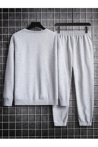 Erkek Düz Eşofman Takımı Sweatshirt Jogger - Gri Oversize Şardonlu Bisiklet Yaka Gri
