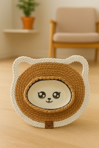 Pet - Hasır Görünümlü Kedi Paspası Ve Mama Kabı - Leke Tutmaz