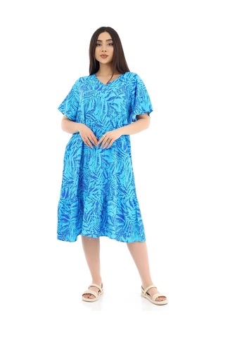 Schık Kadın Viskon Yarım Kol V Yaka Cepli Fırfırlı Elbise Siyah Mavi