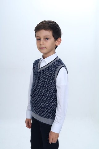 Toontoy Kids Toontoy Erkek Çocuk Regular Fit V Yaka Kare Desenli Okul Süveter - Garni & 2 İplik Lacivert