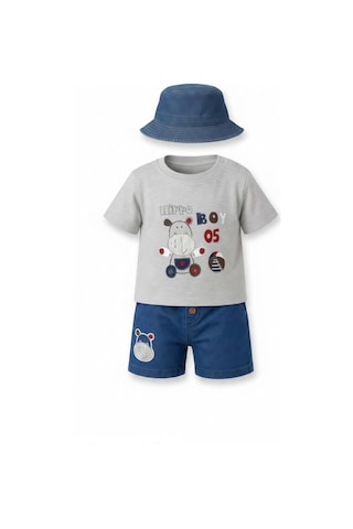 Lika&Nika Erkek Bebek Şapkalı Takım Hippo Baskılı Kısa Kollu Tişört Ve Denim Şort 3'lü Yazlık Bebek Takımı Bej