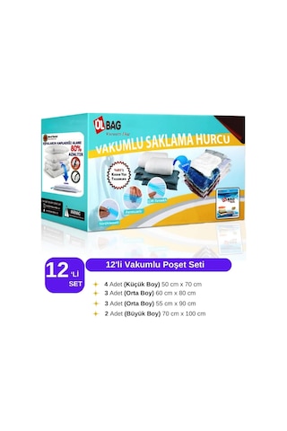 12'li 4 Ad. L + 3 Ad. Xl + 3 Ad. Xl + 2 Ad. Xxl Vakumlu Saklama Poşeti Vakumlu Poşet - Vakumlu Hurç - Vakumlu Torba