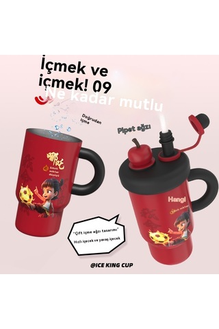 Aurora Nezha Sevimli Termos Bardağısu Bardağı Büyük Kapasiteli Öğrenci Kırmızı