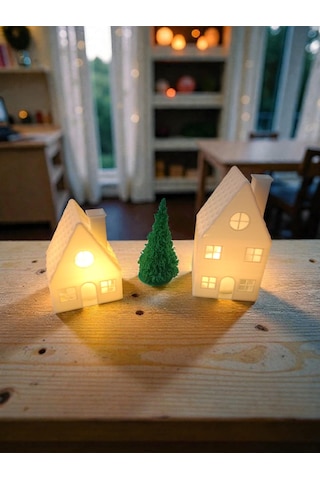 Işıklı Ev Ve Çam Tealight Dekorasyon Seti Pilli Işıklı Beyaz