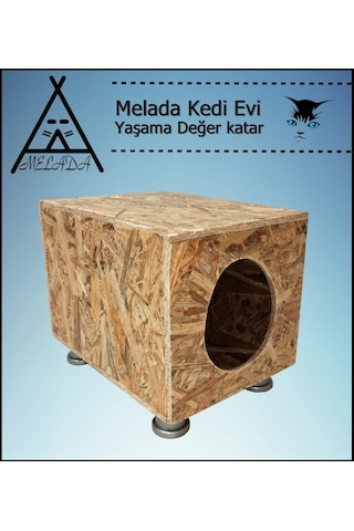 Melada Kedi Evi Dış Ortam Uygun Ahşap Kedi Evi Osb Plastik Ayak 40x40x30 Cm