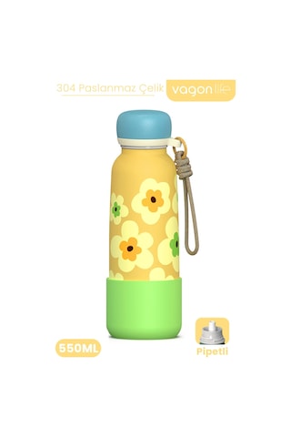Desenli 550 Ml Pipetli Sızdırmaz Paslanmaz Çelik Termos Matara El Askılı Bpa İçermez 550ml 1103ff Sarı