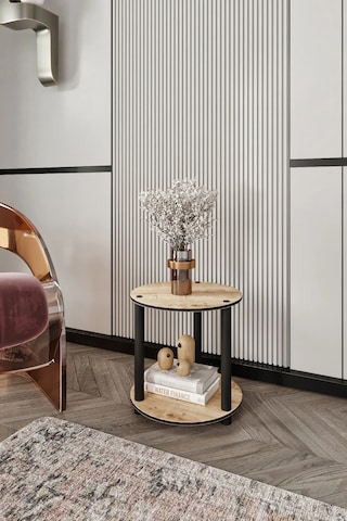 2 Katlı Dekoratif Yuvarlak Kitaplık Meşe Meşe