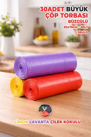 30 Adet Büyük Boy Büzgülü Çöp Torbası - Ekstra Sağlam - Limon, Lavanta, Çilek Kokulu - Renkli 65x70