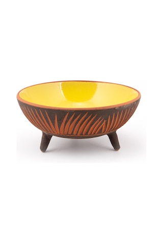 Seramik Ayaklı Rölyef Desenli Sunum Tabağı 30 Cm Sarı