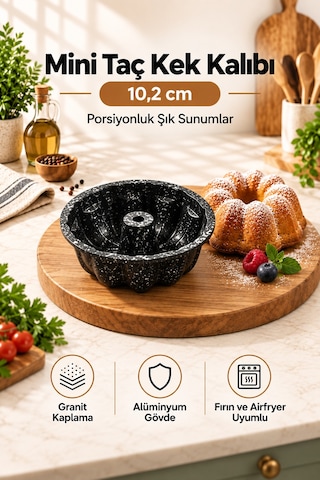 Mini Taç Kek Kalıbı 10 Cm, Granit Kaplamalı Porsiyonluk Tekli Kek Kalıbı Siyah