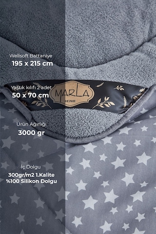 Marla Home Star Gri Desenli Çift Kişilik Çift Taraflı Wellsoft Yorgan Seti - Gri - 195x215