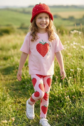 Zuzunga Strawberry Love Baskılı Kız Çocuk Tayt Takım Pembe Çilek Desenli