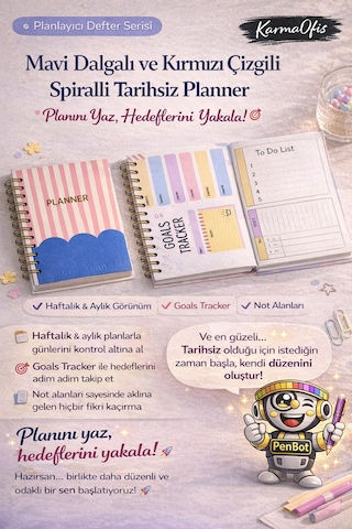 Mavi Dalgalı Kırmızı Çizgili Spiralli Tarihsiz Planner Haftalık&aylık Planlayıcı 17,5 X 18 Cm Diğer