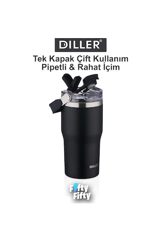 Dıller 620 Ml Tek Kapak Çift Kullanım Pipetli/pipetsiz Taşıma Kulplu Mug/çelik Termos-ffdıllerd9168 Siyah