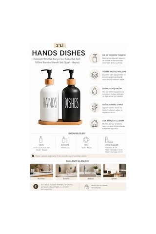 2'li Hands Dishes Siyah Beyaz Cam Sıvı Sabunluk Seti 500 Ml, Bambu Standlı Dekoratif Mutfak & Amp Banyo Sabunluk Diğer