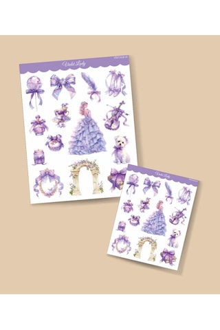 Violet Lady-vintage Sticker Set Mat Kağıt - 2li Etiket Seti- Mor Lady- Ajanda Defter Süsleme-journal Süsleme Mor
