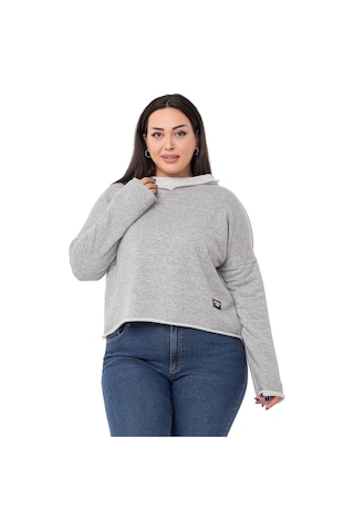 Büyük Beden Kapüşonlu Düşük Kollu Pis Dikişli Üç İplik Gri Melanj Sweatshirt-gri Melanj Gri Melanj