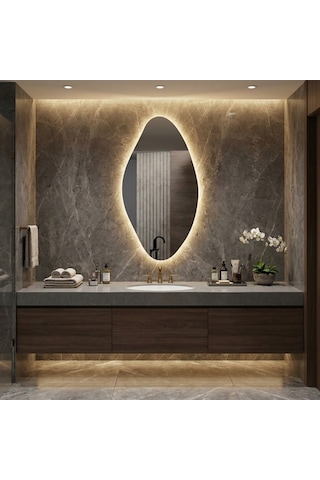 35x70 Cm Modern Oval Led Banyo Aynası Dim Edilebilir Dokunmatik, 3000k Günışığı Sarı