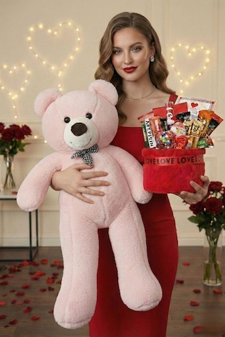 3 Lü Kadınlar Günü Hediye Seti 90 Cm Peluş Ayı, Love Çikolata Sepeti & Mavi Peluş Ayıcık Buketi 83560051