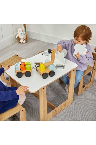 Minera Montessori Çocuk Oyun Çalışma Aktivite Masası ve Sandalyesi 2-4 Yaş Ahşap - Beyaz