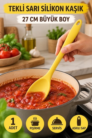 Tekli Sarı Büyük Boy Silikon Kaşık 27 Cm Mutfak Yemek Pişirme Ve Servis Kaşığı Sunum Ve Pişirme İçin