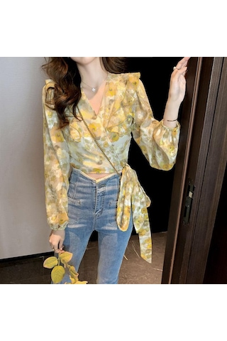 Sarı Çiçek Şifon Bluz Kadın Bahar Elbise Fransız Dantel Up Kısa Fırfır Yumuşak Rüzgar Süper Peri Üst M Sarı