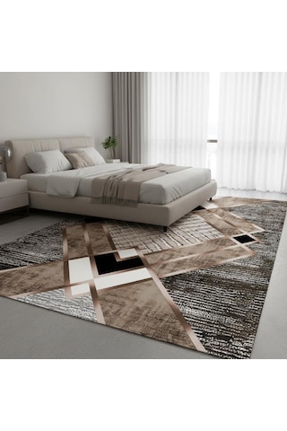 Krem Ve Bakır Renklerde Modern Geometrik Desenli Dijital Baskılı Halı Kaymaz Tabanlı, Üçgen Ve
