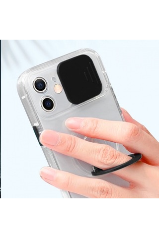 More Tr Ally İphone 12 Pro 6 1inç Kılıf Sürgülü Kamera Lens Korumalı Yüzük Standlı Silikon Kılıf Siyah