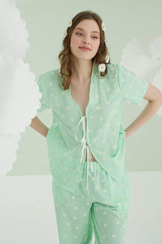 Nbb Kadın Yeşil Papatya Desenli Önden Bağlamalı Pijama Takımı YESIL