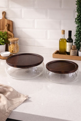 Morponi 2'li Borosilikat Cam Lüks Akasya Kapaklı Cam Kase - Sunumluk-salata Kasesi 18 Cm - 22 Cm Şeffaf