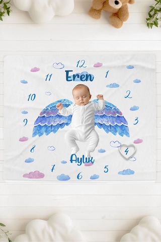 Lilabio %100 Pamuk İsme Özel Bebek Fotoğraf Çekim Anı Örtüsü 120x100 Cm Mavi Bulutlar