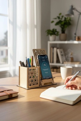 Kalemlik Ve Telefon Standı Geometrik Desenli Doğal Ahşap Açık Meşe Varsayılan