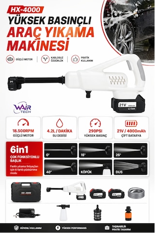 Hx-4000 Profesyonel Yüksek Basınçlı Araç Yıkama Makinesi 290 Psı 18.500 Rpm Çift Bataryalı Şarjlı Tabanca Beyaz