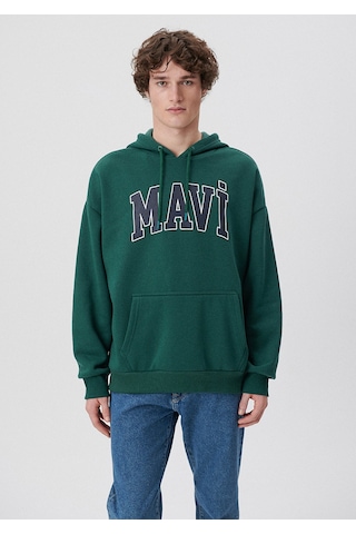 Mavi - Mavi Logo Baskılı Kapüşonlu Yeşil Sweatshirt 067149-71874 Yeşil